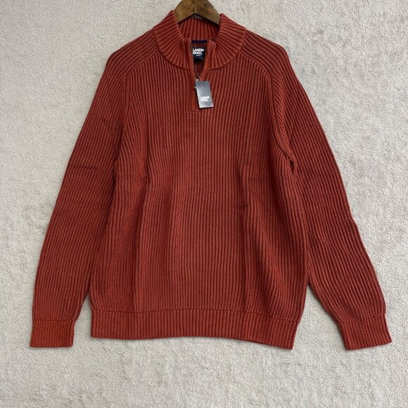 NEW Lands' End Drifter Men's L Ribbed Cotton Sweater Rust Red Mock neck -67 - Picture 2 of 13